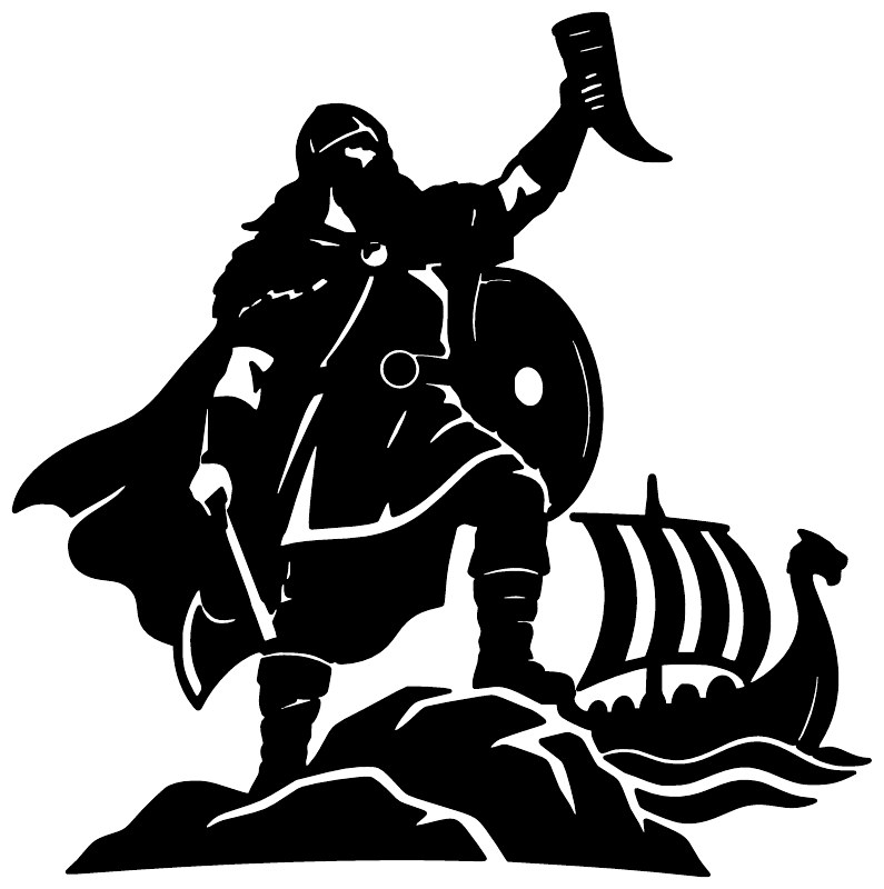 Black Viking silhouette vinyl decal holding a horn, with shield and skeleton longship