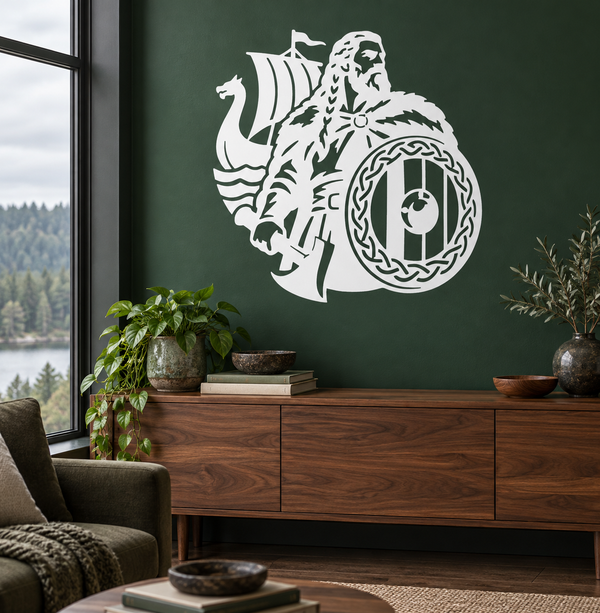 Viking warrior portrait shield vinyl decal with braided round shield, white on dark