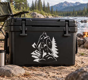 White Viking warrior silhouette vinyl decal with axe, helmeted figure, trees and mountains