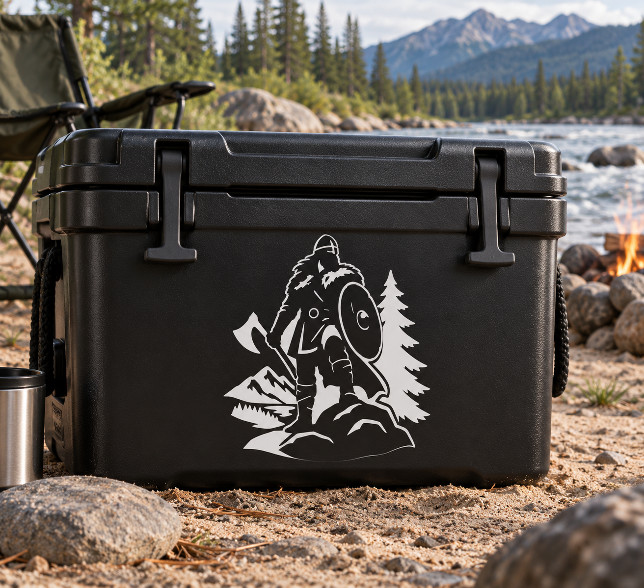 White Viking warrior silhouette vinyl decal with axe, helmeted figure, trees and mountains