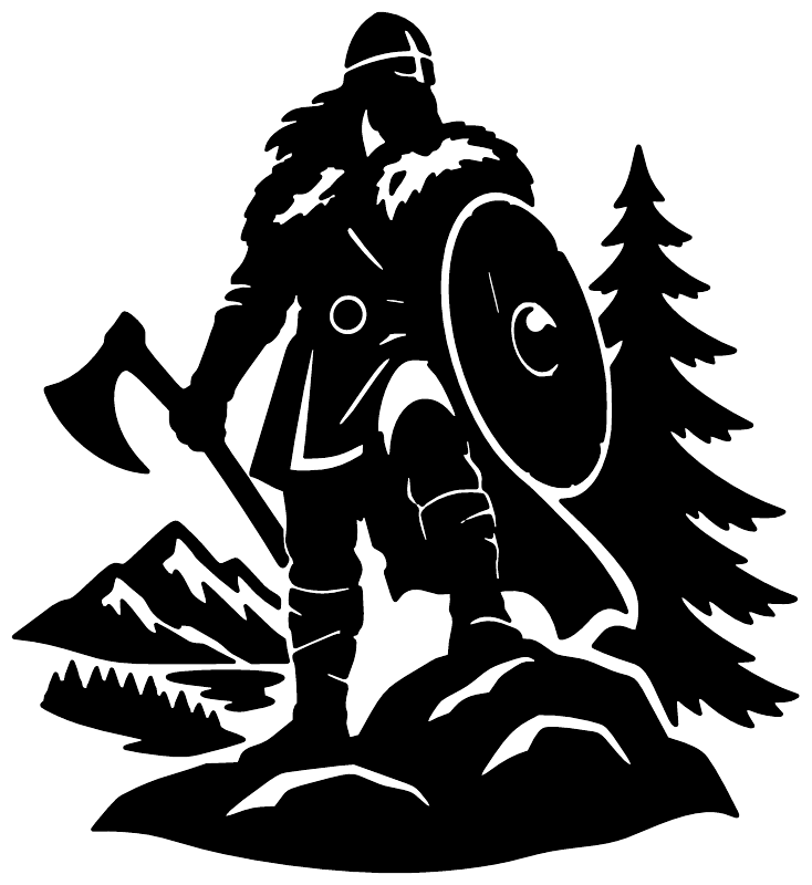 Black-and-white Viking warrior silhouette vinyl decal: axe, shield, pine trees, mountains