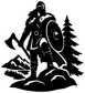 Black-and-white Viking warrior silhouette vinyl decal: axe, shield, pine trees, mountains