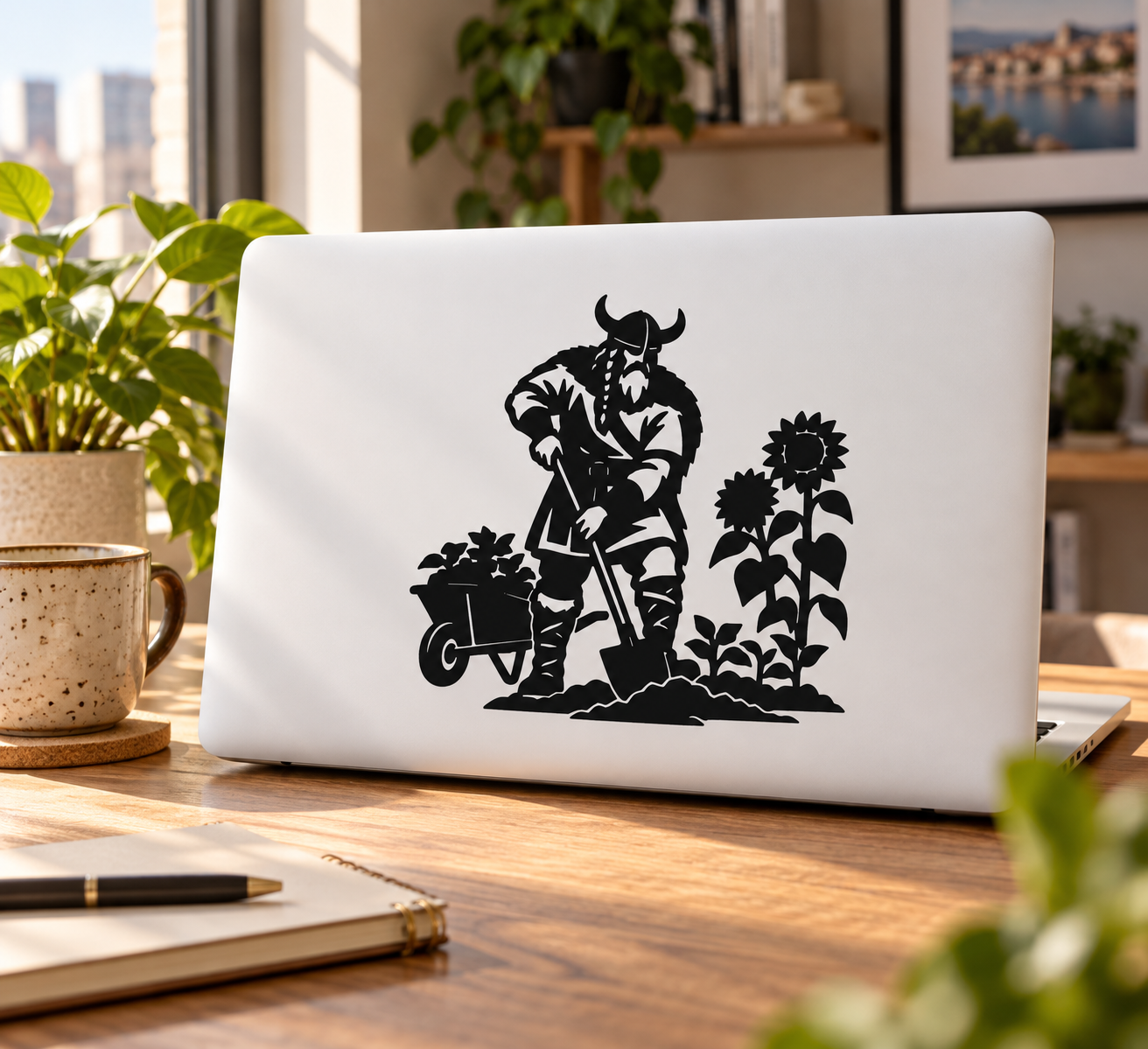 Viking gardener vinyl decal: black Viking with shovel by flowers