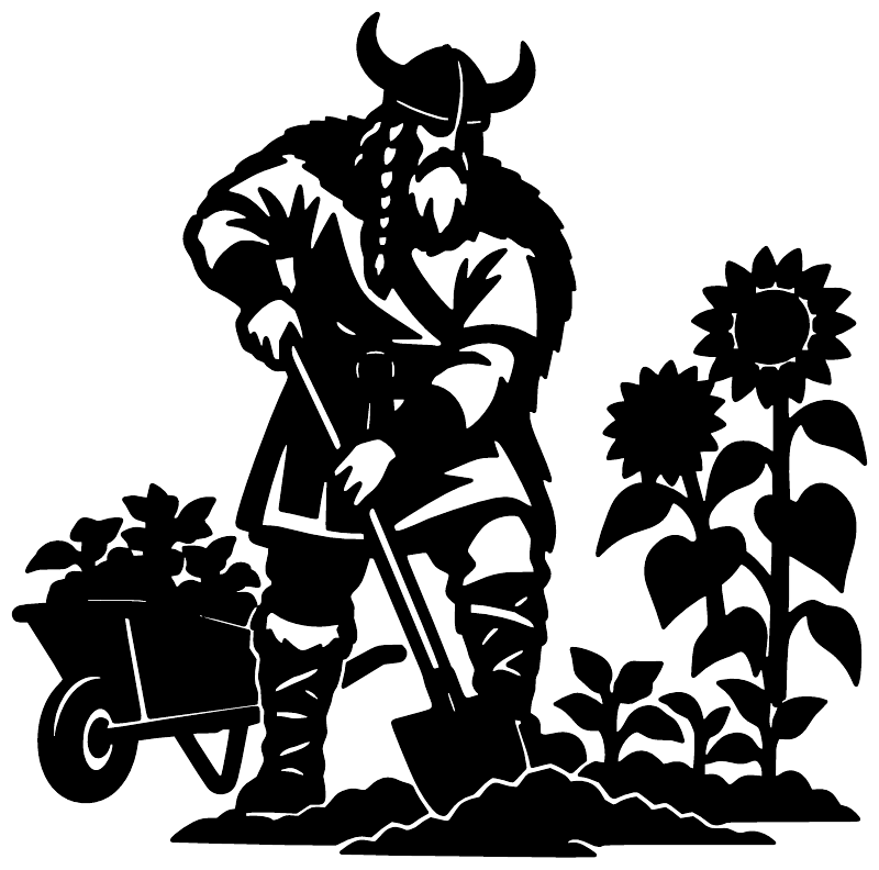 Viking gardener vinyl decal: black Viking with wheelbarrow and flowers