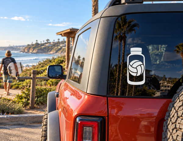 Volleyball bottle vinyl decal on vehicle window, black volleyball icon on white bottle