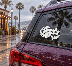 Volleyball and wildflower vinyl decal for car window, black and white