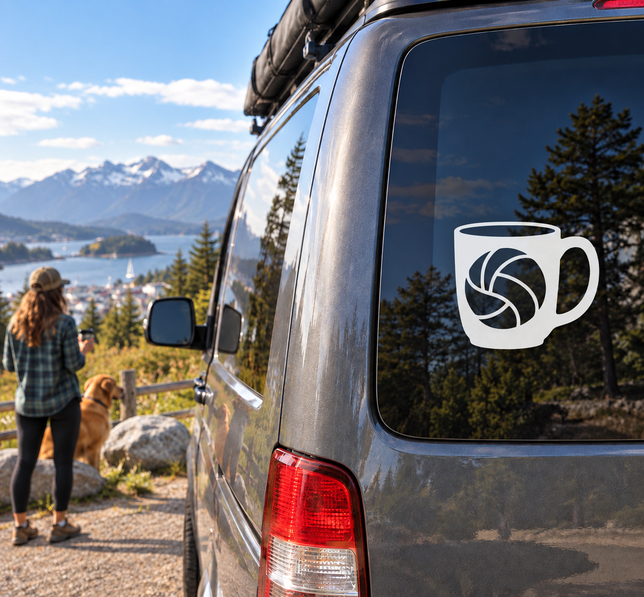 White mug-shaped vinyl decal with volleyball emblem on car window