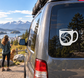 White mug-shaped vinyl decal with volleyball emblem on car window