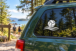 Volleyball beach vinyl decal with black-and-white volleyball and wave graphic on car window