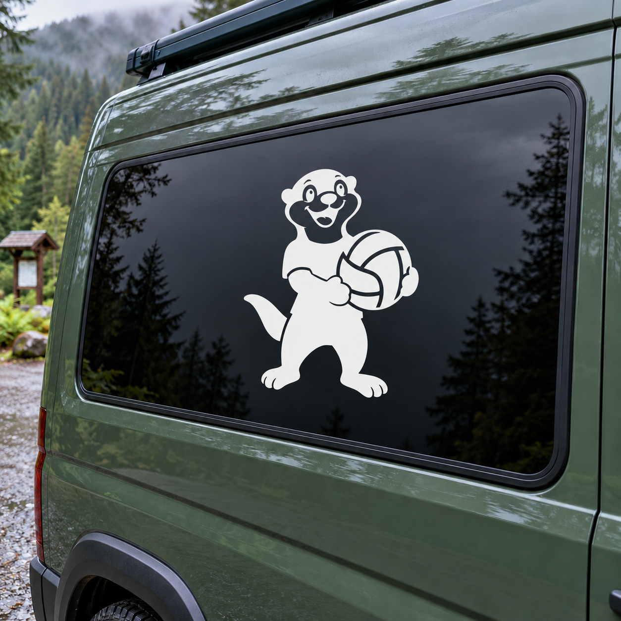 Volleyball otter vinyl decal: white otter holding a volleyball on dark window