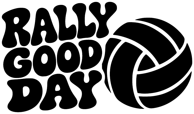 Vinyl decal of 'RALLY GOOD DAY' lettering with volleyball icon, bold black and white