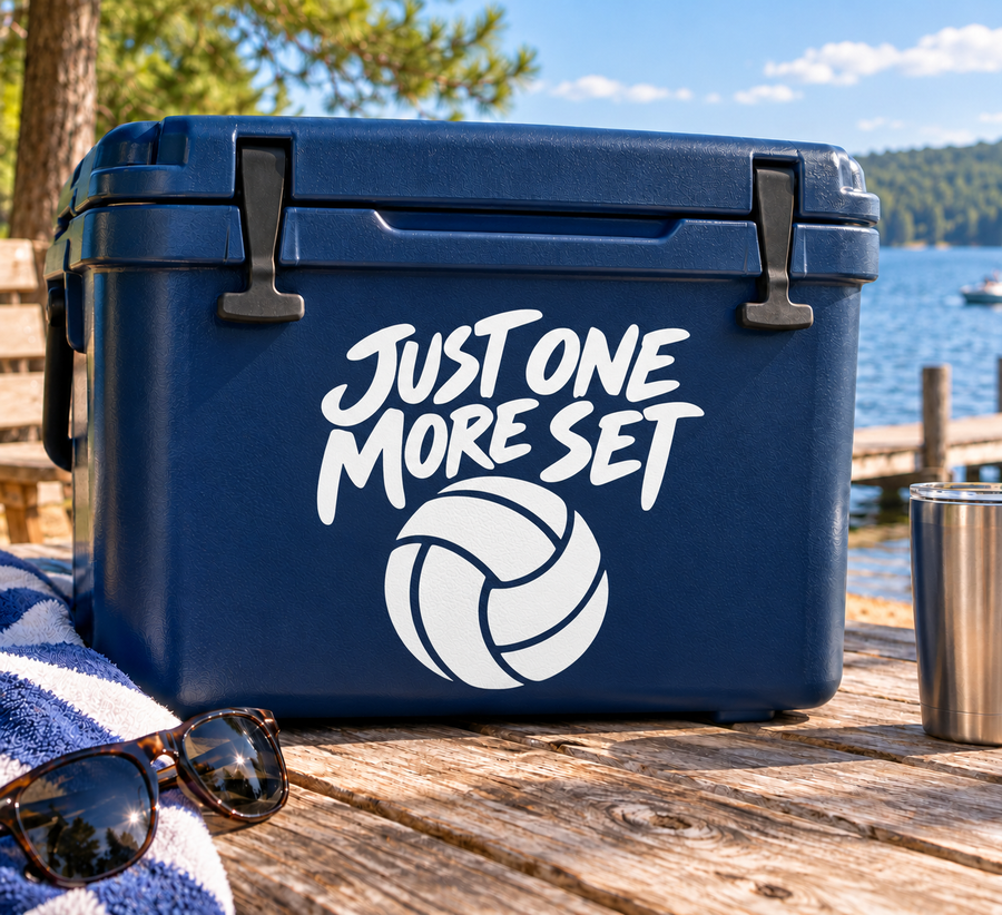 Volleyball vinyl decal: white 'JUST ONE MORE SET' with volleyball icon on blue