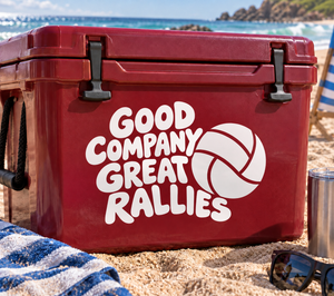 White vinyl volleyball decal: "Good Company Great Rallies" with volleyball icon