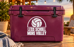 Volleyball vinyl decal with volleyball icon and 'LESS SCROLL MORE VOLLEY' text