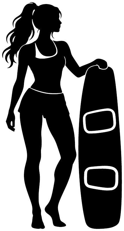 Wakeboarding vinyl decal silhouette: woman holding a wakeboard with two cutouts
