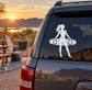 Wakeboarding vinyl decal with standing woman silhouette and wakeboard, on car window