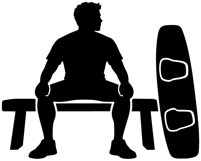 Wakeboarding vinyl decal silhouette in black: rider kneeling with wakeboard and handle