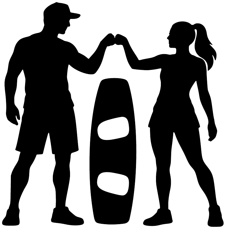 Black vinyl decal silhouettes of two friends fist bumping with wakeboard