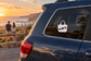 Vinyl wakeboarding tote decal on car rear window, white icon with black bag and wakeboard