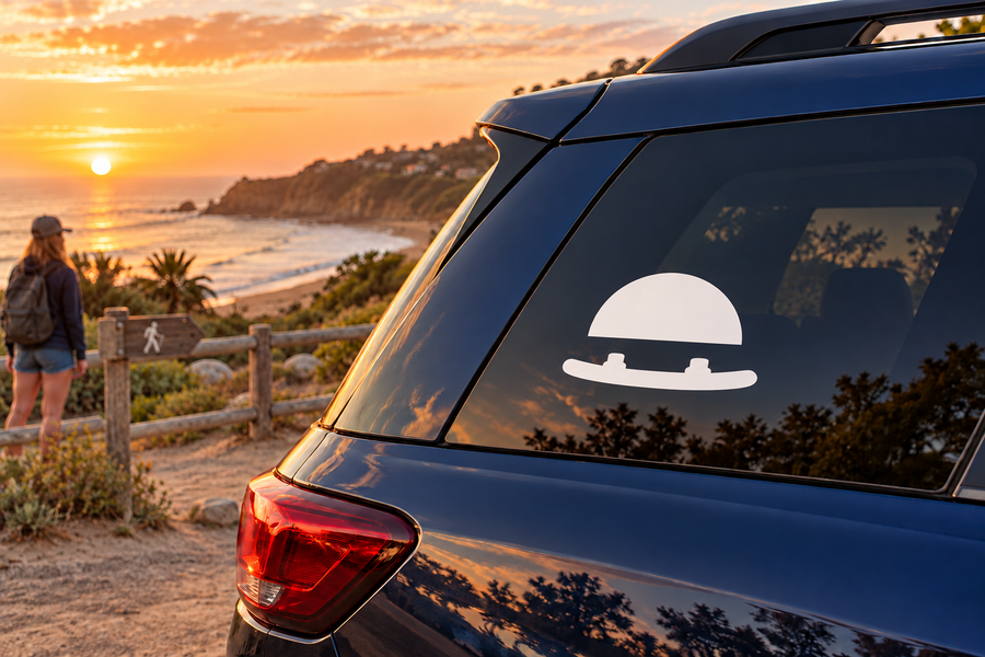 Wakeboarding vinyl decal with sunrise horizon and rider silhouette on a wakeboard