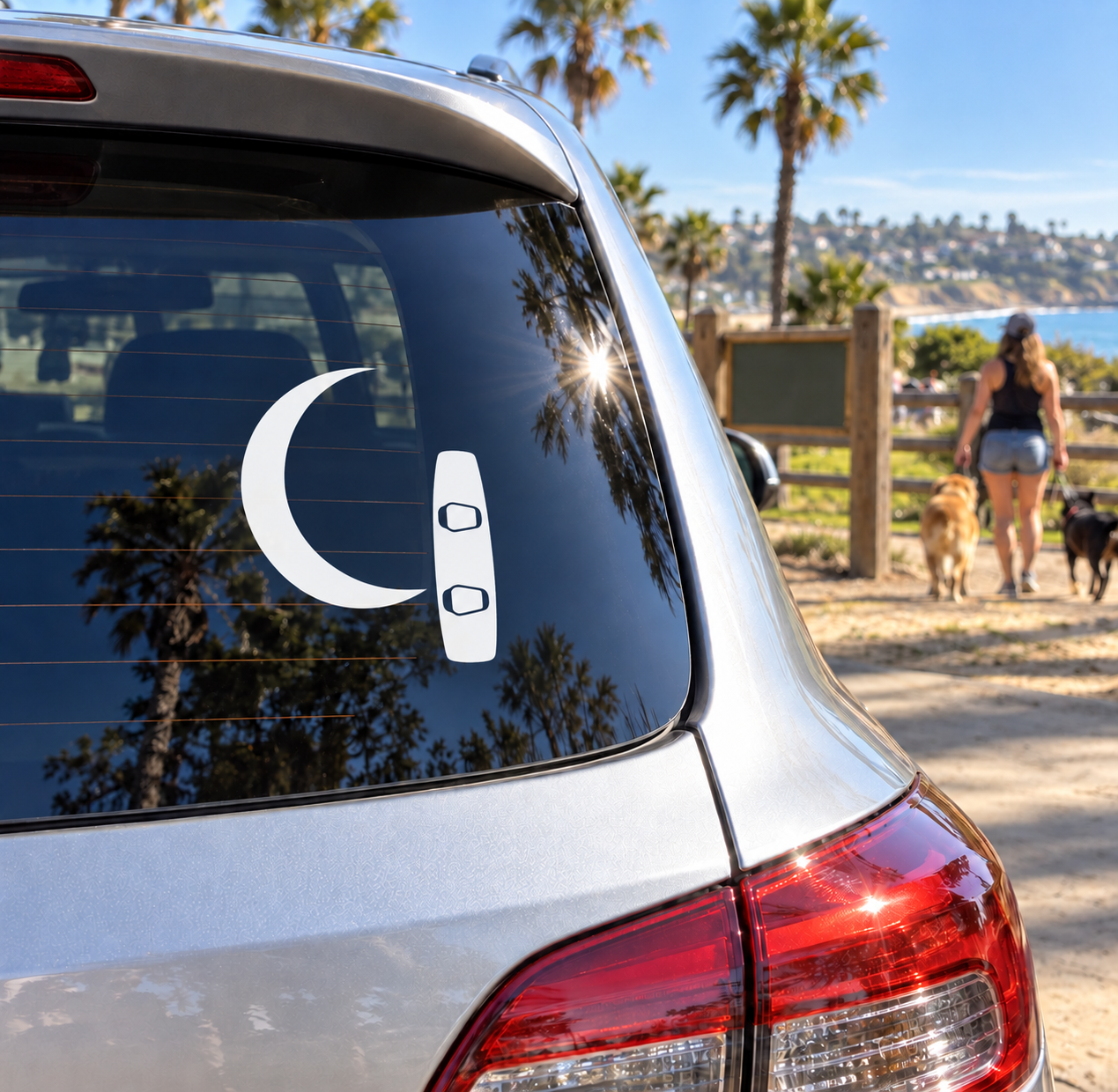 Wakeboarding Moonlight Club vinyl decal: white crescent moon with vertical symbol on car window