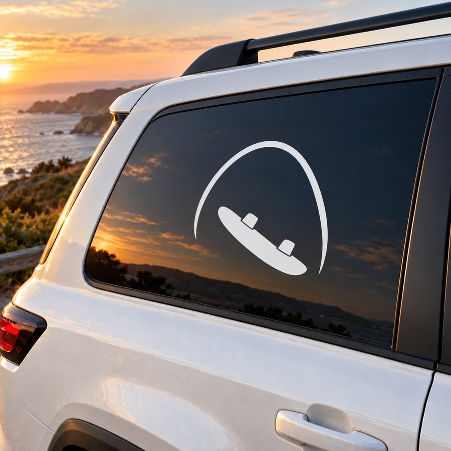 Wakeboarding open sky vinyl decal on car window, white arc with black wakeboard icon