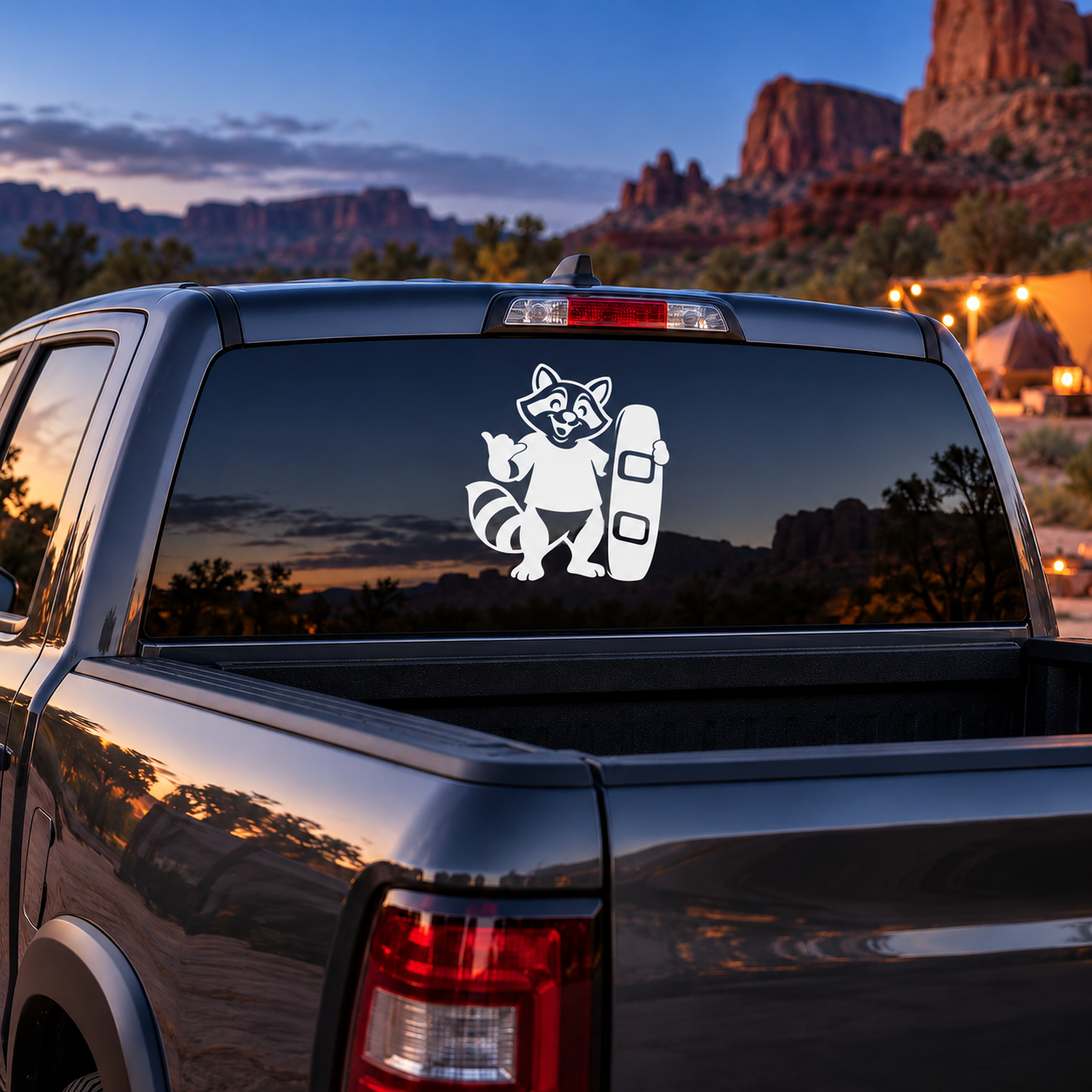 Raccoon buddy vinyl decal with surfboard graphic on a car rear window