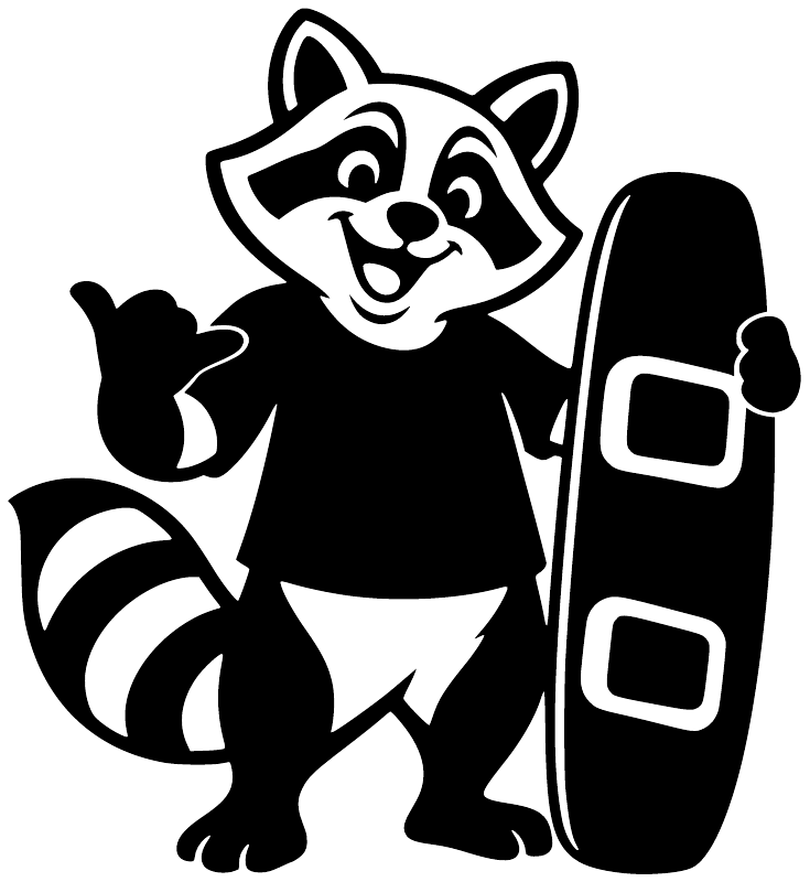 Black-and-white raccoon buddy vinyl decal holding a surfboard