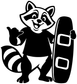 Black-and-white raccoon buddy vinyl decal holding a surfboard
