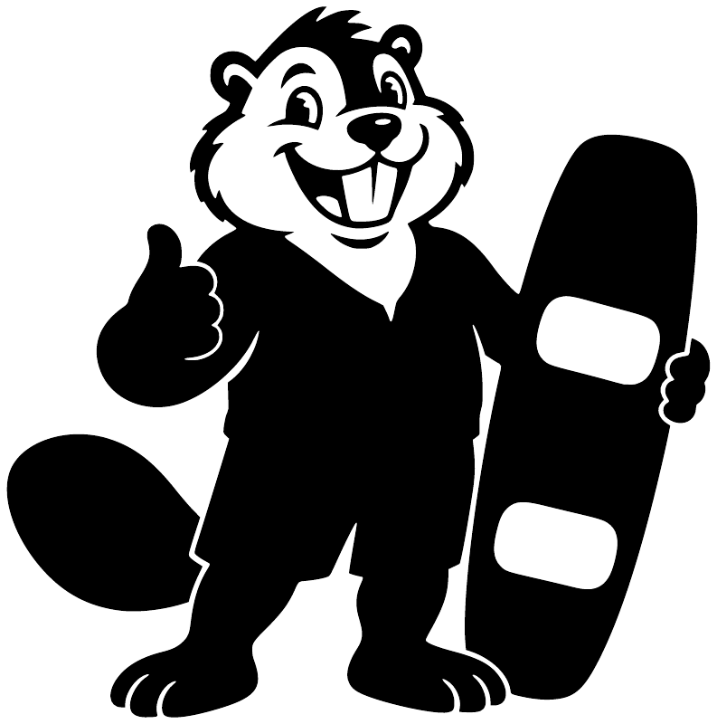 Beaver wakeboard vinyl decal, smiling beaver with thumbs-up holding a wakeboard