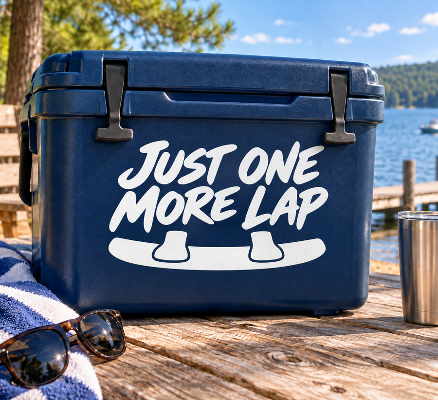 Vinyl decal 'Just One More Lap' with splash icons on a blue cooler