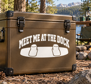 Vinyl decal with bold text "MEET ME AT THE DOCK" and two dockside mugs graphic