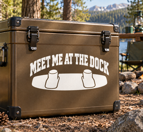 Vinyl decal with bold text "MEET ME AT THE DOCK" and two dockside mugs graphic
