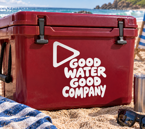 Vinyl decal with Good Water Good Company logo on red cooler