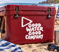 Vinyl decal with Good Water Good Company logo on red cooler
