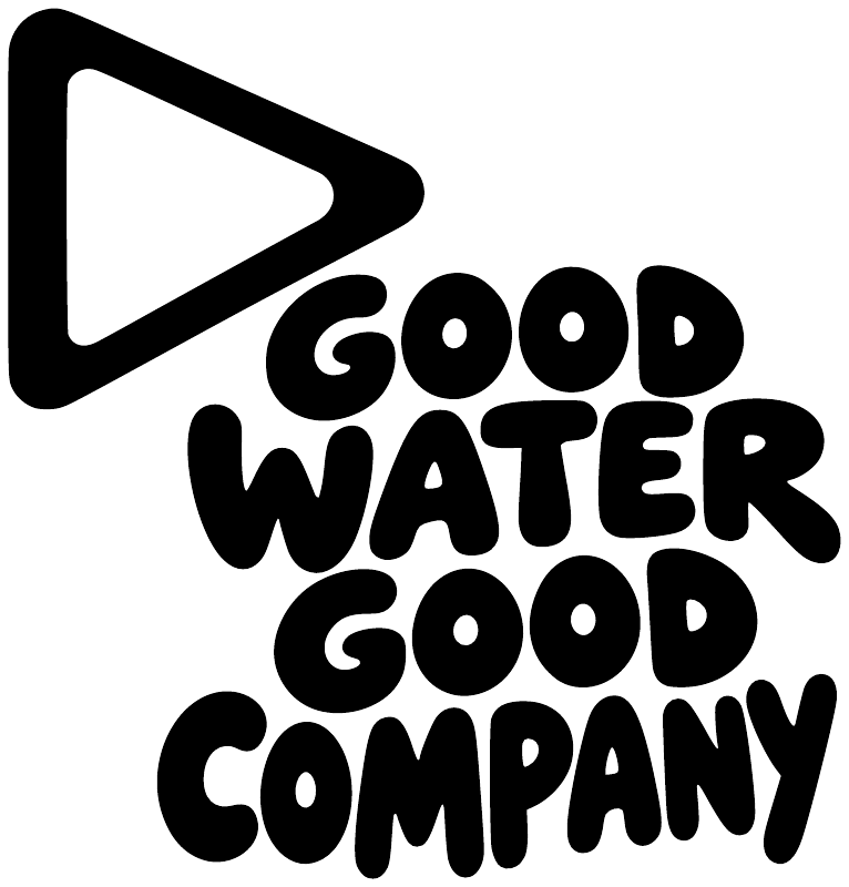 Vinyl decal with Good Water Good Company logo and play icon, black and white