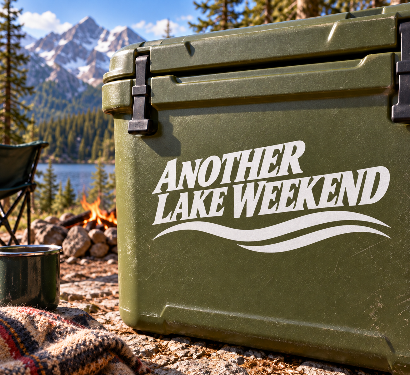 Another Lake Weekend vinyl decal with black text and wave graphic on dark green surface