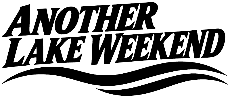 Another Lake Weekend vinyl decal close-up with bold black lettering and wave underline