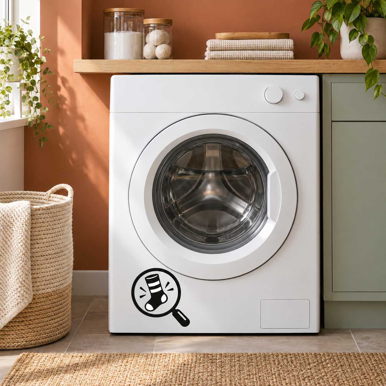 Washing machine vinyl decal with black-and-white sock icon and magnifying glass