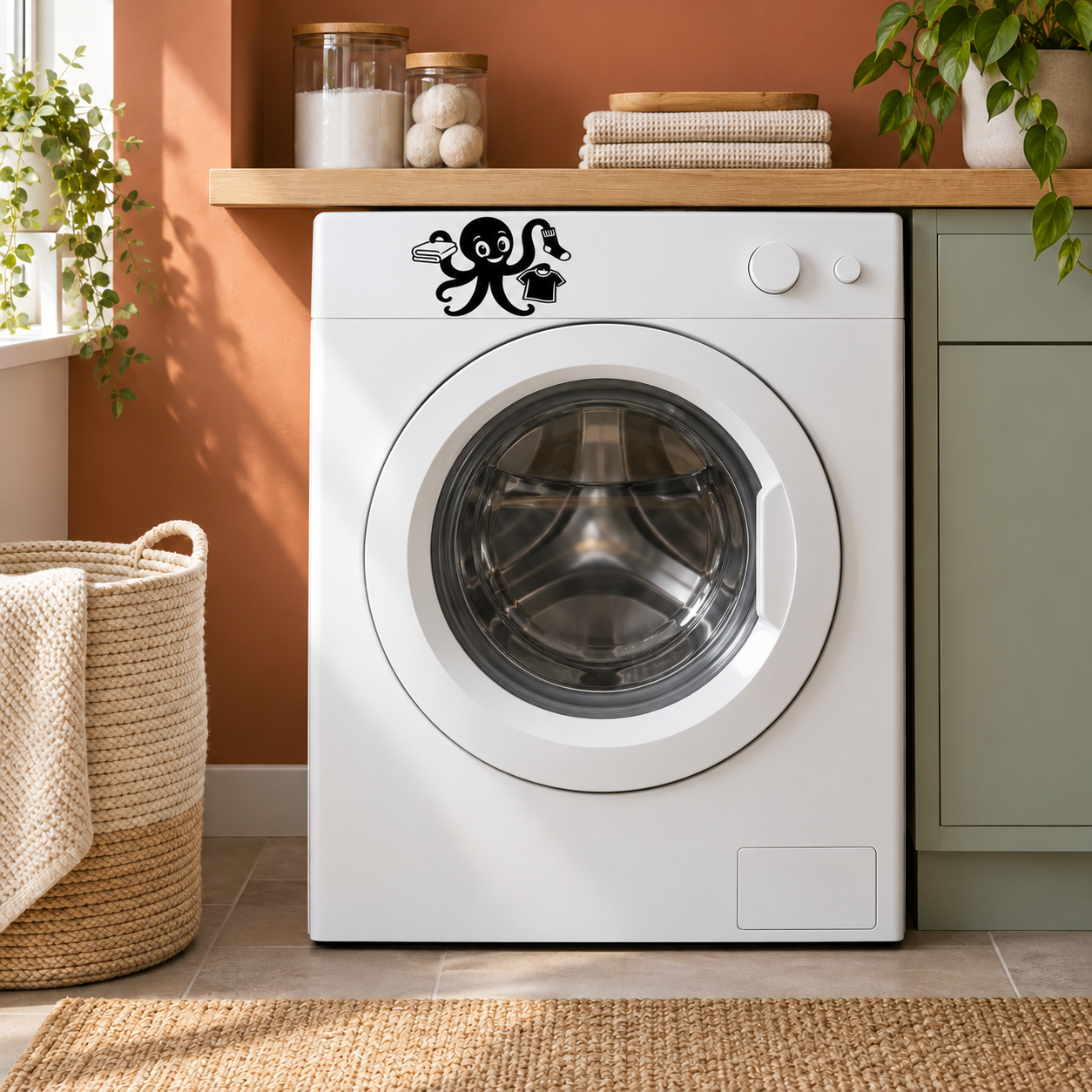Octopus laundry helper vinyl decal on front of white washing machine door