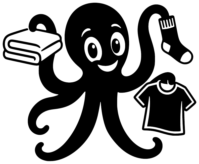 Black octopus laundry helper vinyl decal with shirt, socks, and soap icons