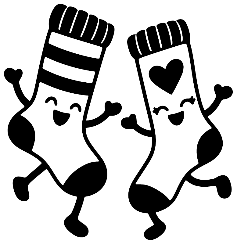 Happy Socks vinyl decal of two dancing black-outlined socks with heart and stripes