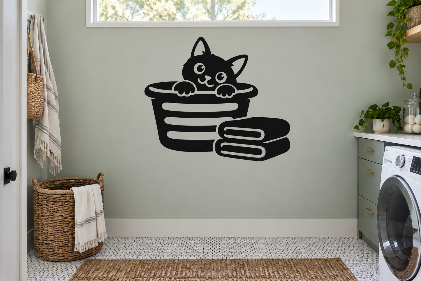 Black cat vinyl wall decal sitting in a laundry basket with stacked lines