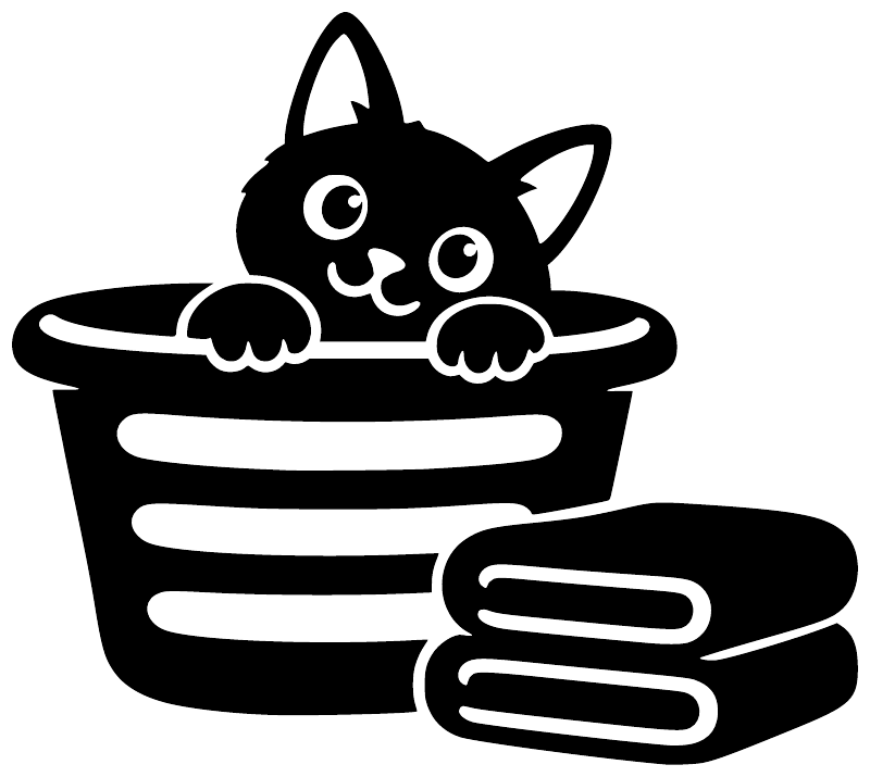 Black cat vinyl decal on white background, in laundry basket with stacked lines