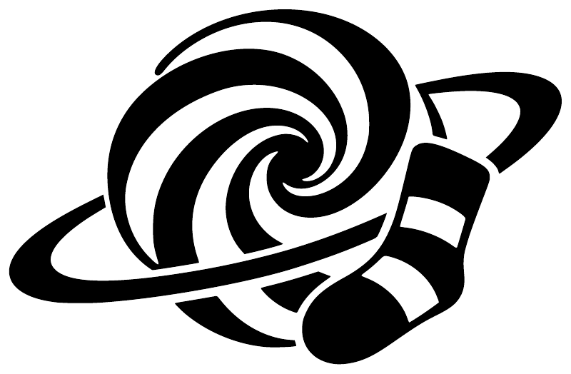 Sock Orbit vinyl decal in black: swirling ring with sock graphic on white