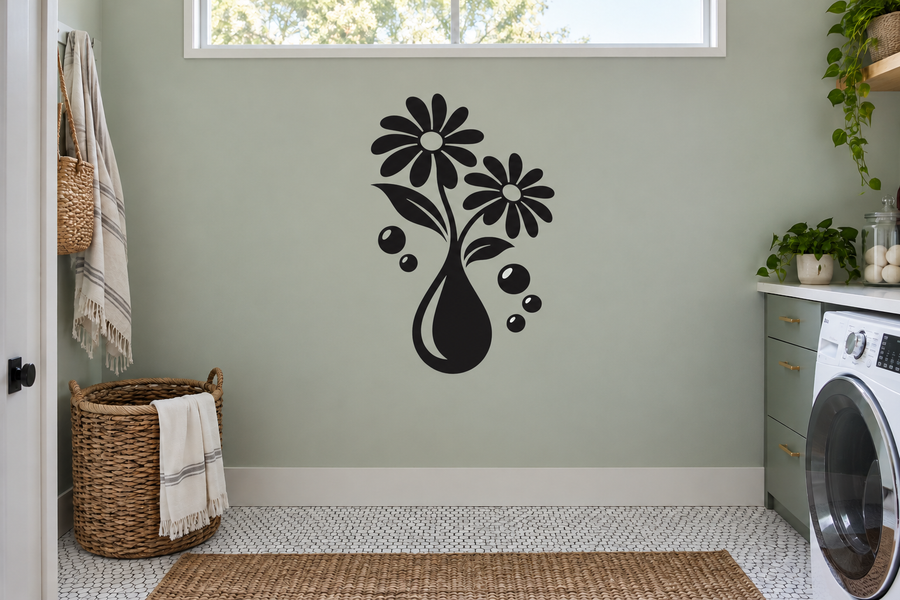 Black daisy flower vase vinyl wall decal with small dot accents