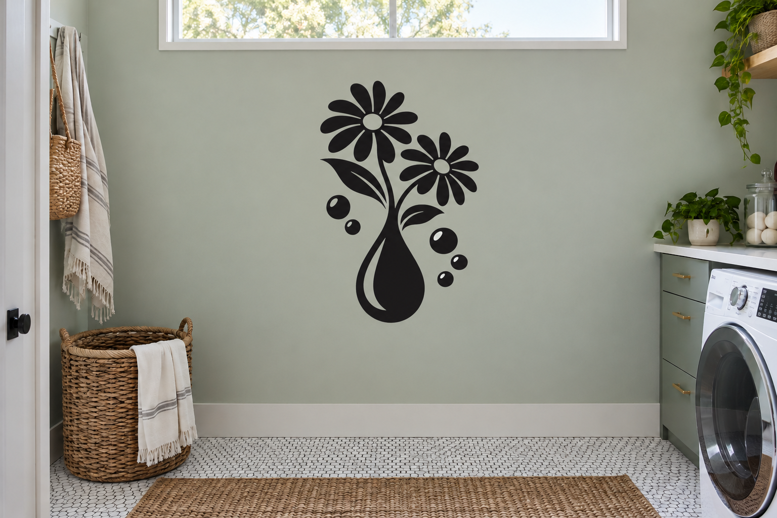 Black daisy flower vase vinyl wall decal with small dot accents