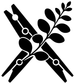 Black vinyl wall decal: crossed laundry rods with clips and leaf branch design