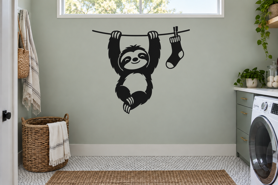 Black-and-white sloth vinyl decal with hanging laundry socks and hanger lines