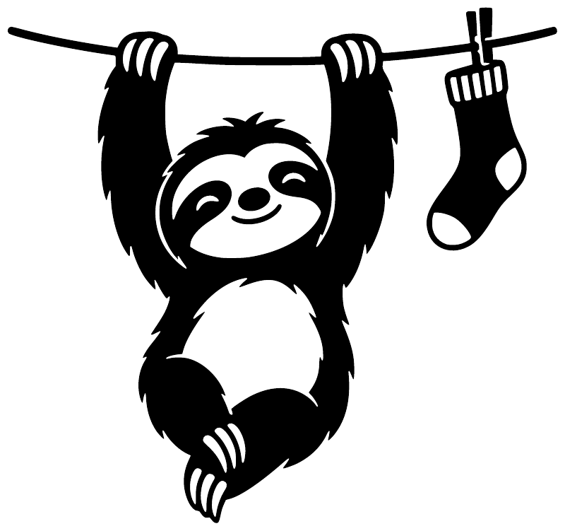 Sloth vinyl decal detail: smiling sloth with raised arms and hanging socks
